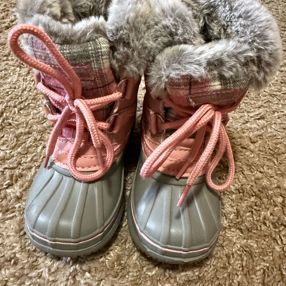 London Fog Pink and Gray Plaid Fur Boots